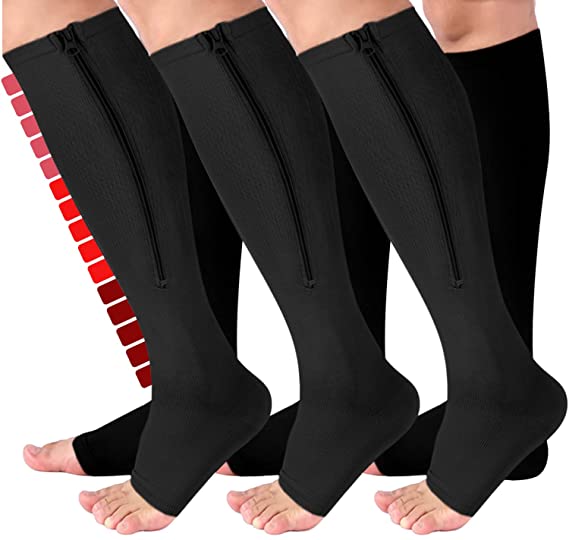 Compression Socks with Zipper Women Men - 3 Pairs Zippered Compression Stockings Open Toe, 15-20 mmHg