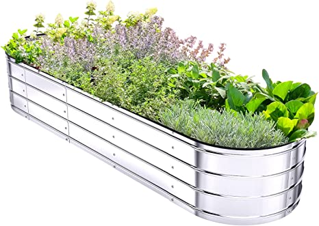 Ohuhu Raised Garden Bed w/Safety Edging, 5.7x1.7x1 FT Galvanized Metal Planter Box, Outdoor Plant Beds Planting Boxes for Vegetable Flower Herbs, Above Ground Elevated Large Oval Gardening Planters