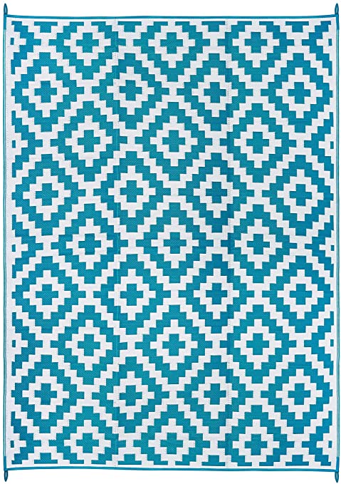 FH Home Indoor/Outdoor Recycled Plastic Floor Mat/Rug – RV Camping Rugs, Great for Beach, Camping Trips, Picnics – Lightweight - Aztec - Teal & White, 9 ft x 12 ft - Foldable