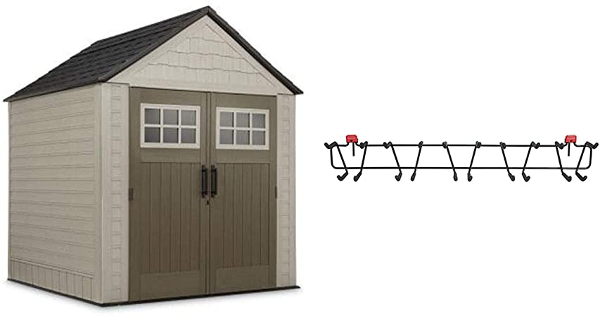 Rubbermaid 7 x 7 Feet Weather Resistant Resin Outdoor Storage Shed   34 Inch Garden Tool & Sports Storage Rack for Sheds