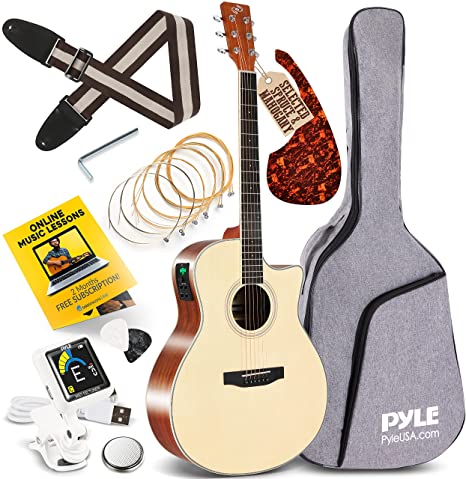 Pyle Premium Electric Acoustic Guitar w/Spruce Top and Mahogany Sides - Full Size Standard Dreadnought Cutaway Natural Matte Finish w/Full Starter Kit Gig Bag, 4-Band EQ, Rechargeable Clip Tuner