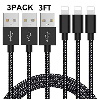 Additt Charger Cable [3Pack 3FT] Extra Long Nylon Braided Cord Compatible with Phone Data Sync Replacement for PhoneX/8/8p/7/7p/6/6s/6p/5/5s(Black&White)