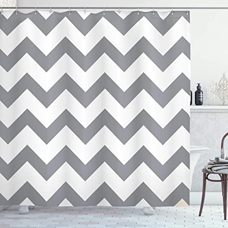 Ambesonne Grey Shower Curtain, Grey and White Chevron Pattern Classic Geometrical Horizontal Zig Zag Stripes Retro, Cloth Fabric Bathroom Decor Set with Hooks, 70" Long, Grey White