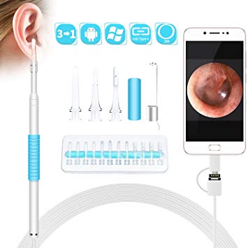 3 in 1 USB Ear Cleaning Endoscope Camera, NOIHK Waterproof HD 1.3 Mega Pixel Borescope Inspection Camera Visual Earpick Tool with 6 Adjustable Led for Android Micro, Type c, USB PC
