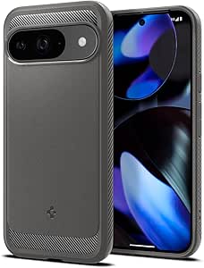 SPIGEN Rugged Armor for Google Pixel 9/9 Pro Case, Airbag-Like Corners Air Cushion Bumper Technology, Carbon Fiber Design Slim TPU Raised Edge Non-Slip Grip Cover - Marble Grey