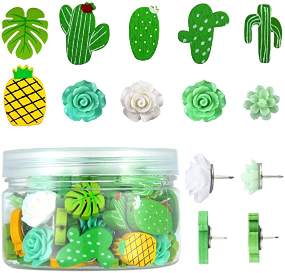 60 Pieces Decorative Push Pins Set, Includes Cute Cactus Green Rose Pineapple Pushpin for Fixing Photos, Pictures, Maps, Assorted Thumbtacks for Bulletin Board, Cork Board and Wall, 10 Styles