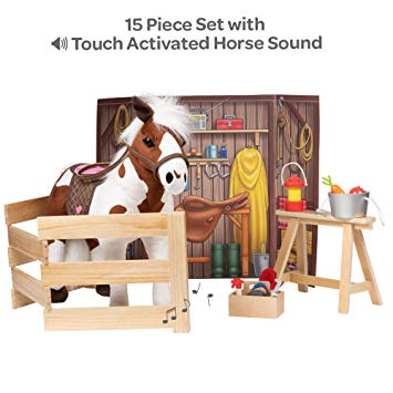 Adora Amazing World “Plush Horse with 1 Sound Effect, Saddle, Harness & Wooden Stable Play Set” – 15 Piece Set for 18” Dolls [Amazon Exclusive]