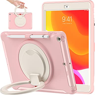 BATYUE iPad 9th/ 8th/ 7th Generation Case (iPad 10.2 Case 2021/2020/2019) with Screen Protector,Rugged Case with Rotating Stand/Pencil Holder/Pencil Cap Holder (Cheery Pink)