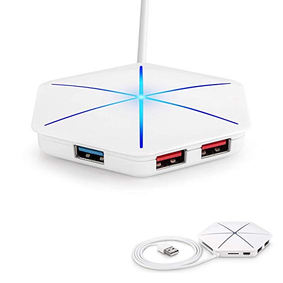 [V2] TekHome 6 Port USB Hub 3.0, Micro SD Card, TF Card, Super Data Transfer Speed, Supports External Power Source, Cool LED Breathing Light, 2.3 Feet Cable, White.