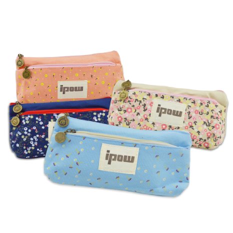 Set of 4, Ipow Flower Floral Canvas Cosmetic Pen Pencil Stationery Pouch Bag Case(Pastorabl)