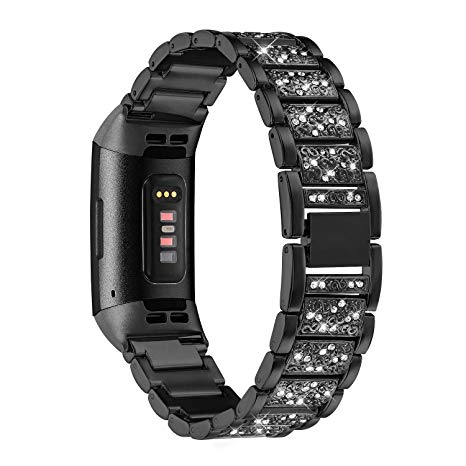 Shangpule Bling Bands Compatible with Fitbit Charge 3, Replacement Strap with Rhinestone Bracelet Wrist Band Accessories for Charge 3 SE Women Man Large Small(Black)