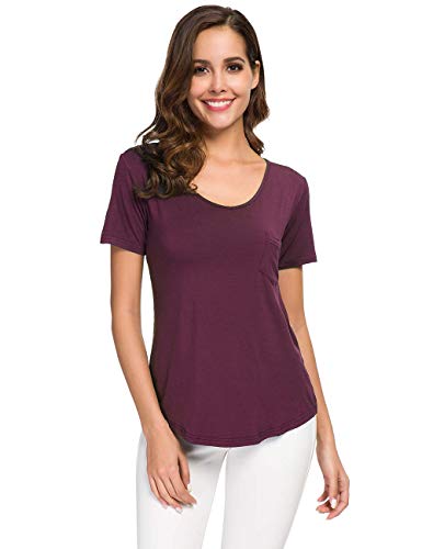 Atnlewhi Women's Soft Cotton Plain Wide V Neck Pocket T Shirt Short Sleeve or Long Sleeve Loose Tops Comfortable Undershirt