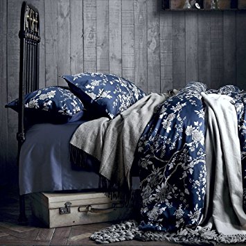 Eastern Floral Chinoiserie Blossom Print Duvet Quilt Cover Navy Blue Tan White Asian Style Botanical Tree Branches Ornamental Drawing 400TC Egyptian Cotton 3pc Bedding Set (Queen)