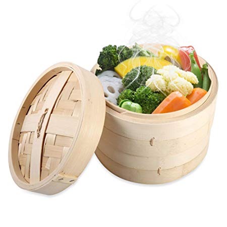 4 Sizes 2 Tiers Bamboo Steamer Basket Chinese Natural Rice Cooking Food Cooker With Vegetable Seafood (7inch)