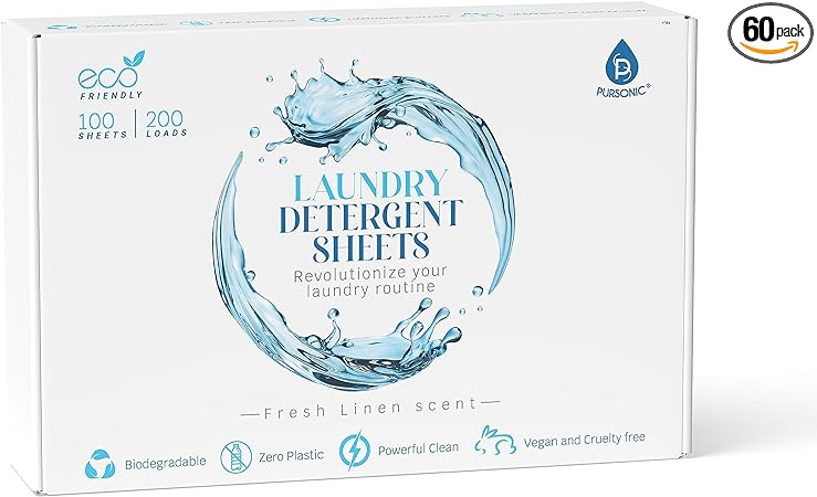 Pursonic Eco Laundry Sheets – Natural Laundry Detergent Sheets w/Powerful Cleaning Power, Fresh Linen Scent - Washer Sheets Detergent - (60-Pack) - Zero Plastic Travel Essentials - Laundry Supplies