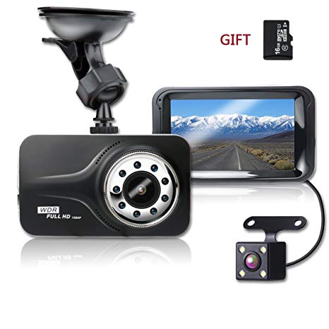 SHISHUO Dash Cam, 1080P HD 3 Inch Screen Dual Cameras Front and Rear, Vehicle On-dash Video Recorder, Parking Monitoring, HDR Night Vision, Motion Detection, Built In G-Sensor and 16G Micro SD Card.
