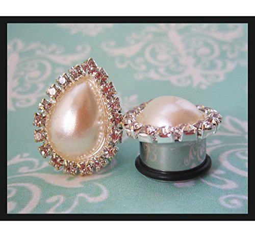 Pearl and Rhinestone Teardrop Wedding EAR TUNNEL PLUG Earrings you pick gauge size 2g 0g 00g 1/2" 9/16" 5/8" aka 6mm 8mm 10mm 12mm 14mm 16mm