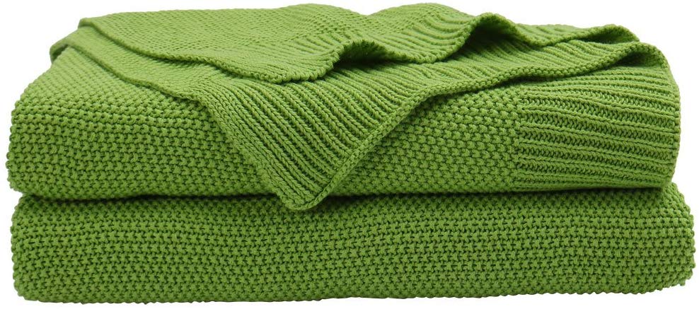 PICCOCASA 100% Cotton Knit Blanket Solid Lightweight Decorative Sofa Couch Blanket Soft Knitted Blanket for Bed Couch 50 X 70 Inch Green