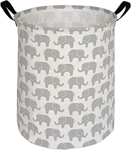 HUAYEE 19.7 Inches Large Laundry Basket Waterproof Round Cotton Linen Collapsible Storage bin with Handles for Hamper,Kids Room,Toy Storage (Grey Elephant)