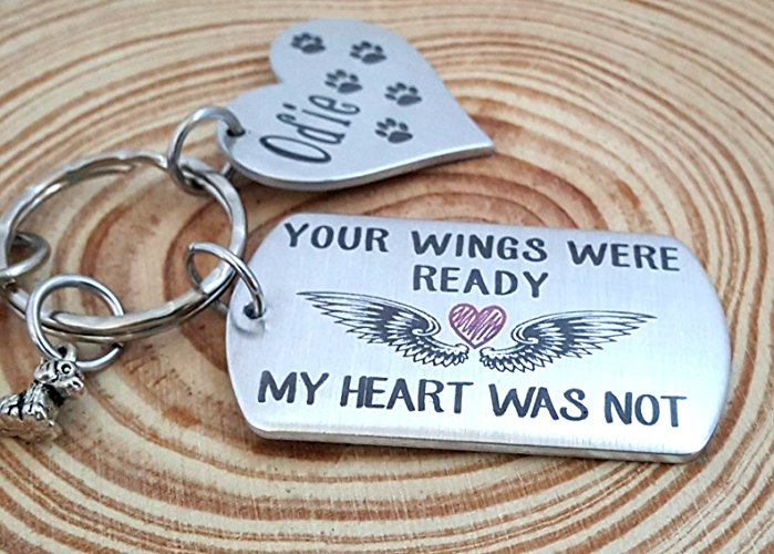 Engraved Pet Memorial Key Chain-Your Wings Were Ready - My Heart Was Not | Heart with Pets Name | For Dog or Cat Lovers
