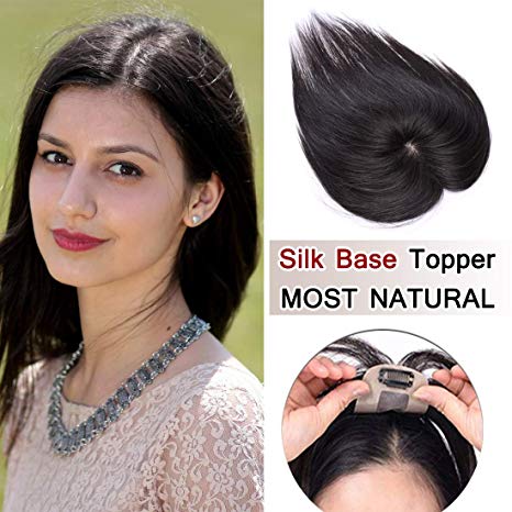 100% Density Human Hair Crown Toppers Silk Base Top Hair Pieces Clip in Hair Topper for Women with Thinning Hair Gray Hair/Hair Loss#1B Natural Black 6 inches 15g