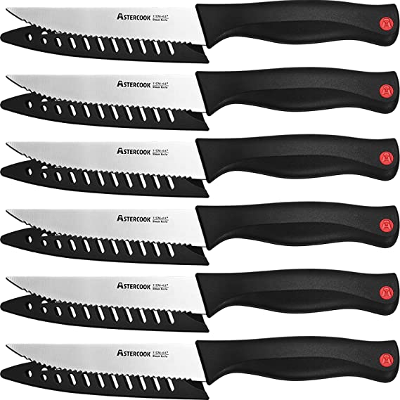 Steak Knives, Steak Knife Set of 6 with Sheath, Astercook High Carbon Stainless Steel Serrated Steak Knife with Cover, Black