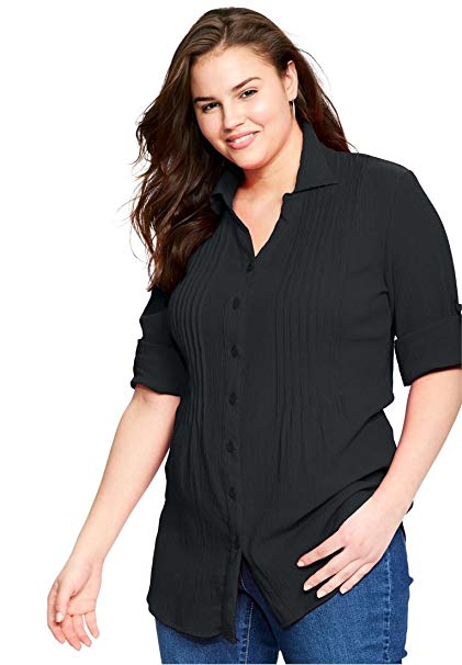 Woman Within Plus Size Pintucked Button Down Gauze Shirt