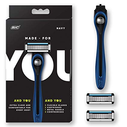 Made For YOU by BIC Shaving Razor Blades for Every Body - Men & Women, with 2 Cartridge Refills - 5-Blade Razors for a Smooth Close Shave & Hair Removal, NAVY, Kit