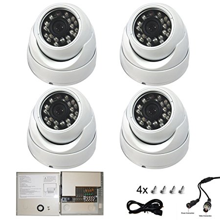 4 Pcs Evertech 24IR 700TVL Weatherproof Dome Wide Angle Lens Indoor / Outdoor and Night Vision Home Security Surveillance White Camera with 4 Channel 3 Amper PTC Fuse CCTV Metal Power Supply Box