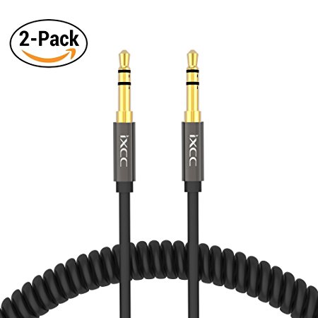 Coiled Aux Cord for Car [Ultra-Slim], iXCC 2-Pack Male to Male 3.5mm Auxiliary Stereo Audio Cable with Gold Plated Connectors for All 3.5mm-Enabled Smartphones, Tablet and MP3 Players(5Feet Streched)