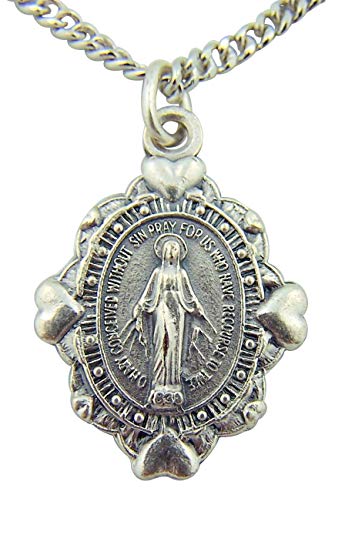 CB Silver Toned Base Heart Accent Border Miraculous Virgin Mother Mary Medal, 7/8 Inch