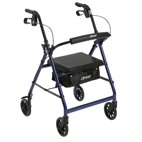 Drive Medical Aluminum Rollator Walker Fold Up and Removable Back Support, Padded Seat, 6" Wheels, Blue