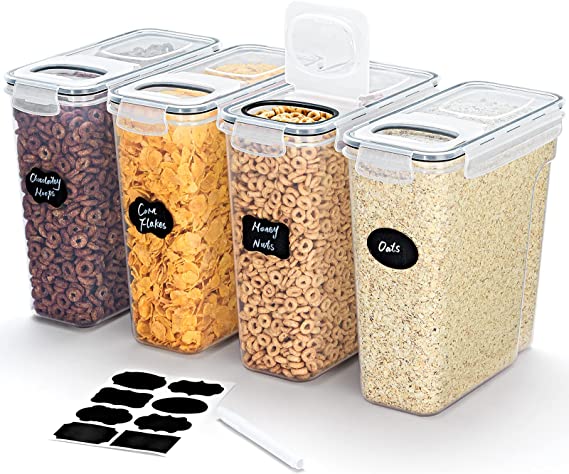 Lifewit 4pcs Cereal Storage Containers with Flip-Top Lids, 4L Airtight Food Storage Canister Sets with Label Stickers for Kitchen Pantry Counter Organization, Oats, Flour, Sugar, BPA Free