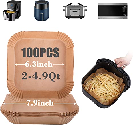 GOAUS Air Fryer 100pcs Square Paper Liners Disposable for 2 to 4.9 Qt Basket, 6.3 inch Unbleached Non-stick Oil-proof Parchment Paper