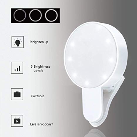 Selfie Light Ring, Clip-on 3-Level Dimmable LED Camera Light,Rechargeable & Portable Photography Light Compatible with iPhone, iPad, Sumsung Galaxy, Phone,Laptop (White,1-Pack)
