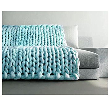 Hand Chunky Knitted Blanket, Kemilove Crochet Blanket Throw Soft Rug Sofa Bed Lounge Decorator Knitted Pet Bed Mat Rug (Blue)