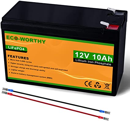 ECO-WORTHY 12V 10Ah LiFePO4 Lithium Iron Phosphate Deep Cycle Rechargeable Battery with Built-in BMS, Perfect for Trolling Motor, Kids Scooters, Fishfinder, Ham Radio, Power Wheels, Lawn Mower etc