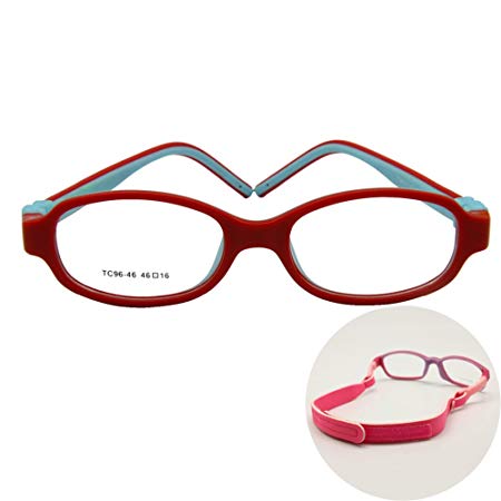 EnzoDate Kids Optical Eyeglasses Size 46/16 No Screw Bendable, Children Glasses Frame, Teens Glasses, TR90 & Silicone Safe Flexible Frame (red/blue)