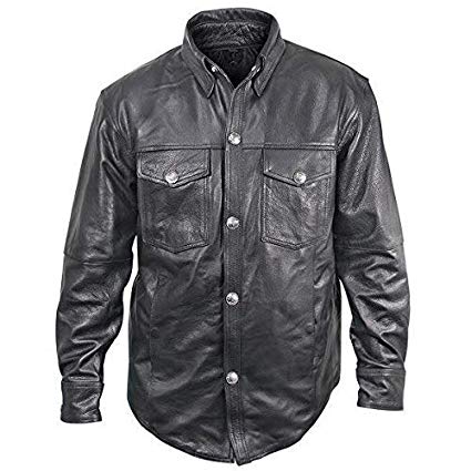 Xelement XS908B Men's Black Leather Shirt with Buffalo Buttons - Black / Large