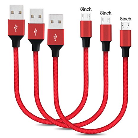 Airsspu Micro USB Cable,3Pack 8 Inch Short Nylon Braided High Speed Android Charger USB to Micro USB Cable Samsung Fast Charger Charging Cord for Samsung Galaxy S7 Edge/S6/S4/Note 5/Note 4 (Red)
