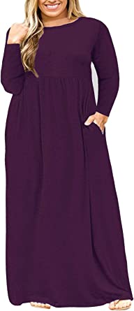 Nemidor Women Long Sleeve Loose Plain Casual Plus Size Long Maxi Dress with Pockets