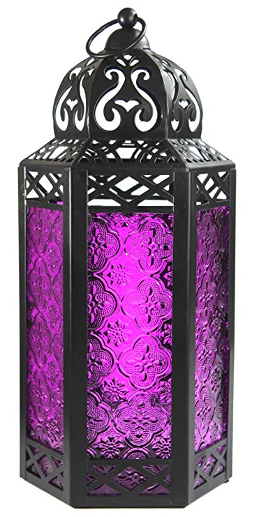 Vela Lanterns Moroccan Style Candle Lantern with LED Lights, Large, Purple Glass