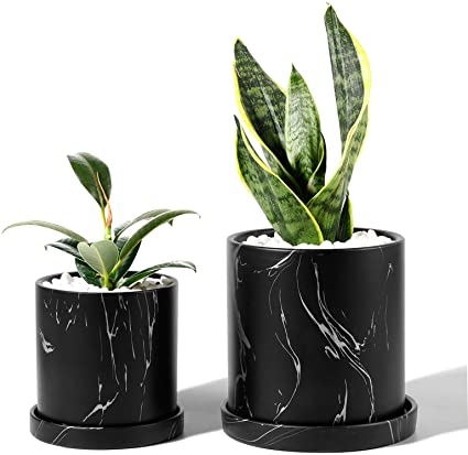 POTEY Ceramic Flower Plants Pots Planter - 3.8 Inch   5.1 Inch Marble Container Drainage with Sacuer Indoor Herb Garden Bonsai Planting - Set of 2 (Black)