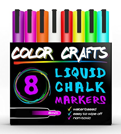 Liquid Chalk Markers 8 Pack Set - Bright Neon Colors - Perfect For Kids, Adults, Art, Windows, Glass, Menus, Bistros, Chalk Boards - 6mm Reversible Fine Tip - Genuine Artist Quality