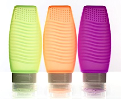 Travel Accessories Bottles -New- Silicone Squeeze Tubes with Makeup Brush Cleaner Mat - Set of 3 2.5 Oz Green Orange Purple or Purple Blue Green