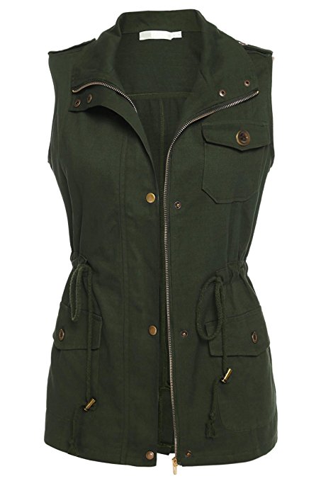 FastDirect Women Sleeveless Zip Up Drawstring Waist Military Jacket Vest w/Pockets