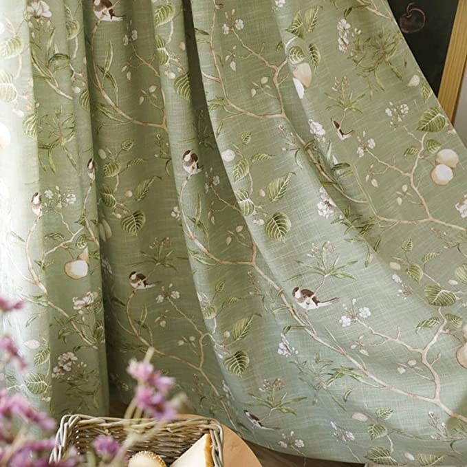 Farmhouse Vintage Printed Floral Birds Patterns Extra Wide Curtains for Sliding Glass Door Decorative Patio Door Panel Window Drapes for Living Room/Bedroom 2 Panels W39 x L63 Inch Green