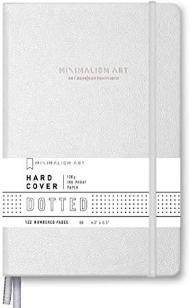 Minimalism Art, Premium Hard Cover Notebook Journal, Dotted Grid Page, 122 Numbered Pages, Gusseted Pocket, Ribbon Bookmark, Extra Thick Ink-Proof Paper 120gsm, Pocket B6 4.5" x 6.5" (X-Small, White)