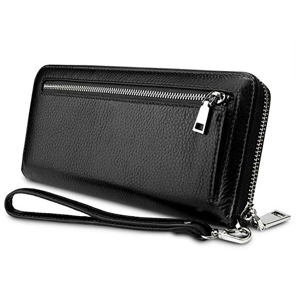 YALUXE Women's Leather RFID Security Zipper Wallet with Wristlet Strap for Card Passport Phone