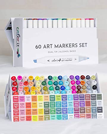 ColorIt 60 Dual Tip Art Markers Set For Coloring - Double Sided Artist Alcohol Permanent Markers With Bullet And Chisel Tip